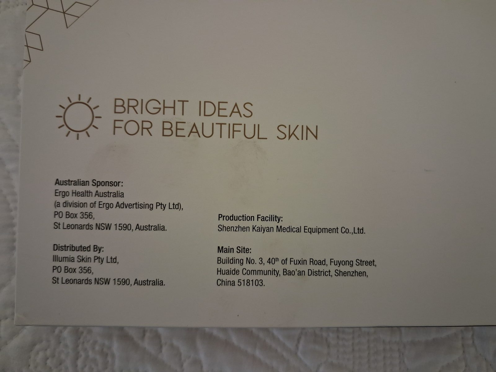 IllumiaSkin packaging naming its Australian sponsor, distributor and Shenzhen production facility